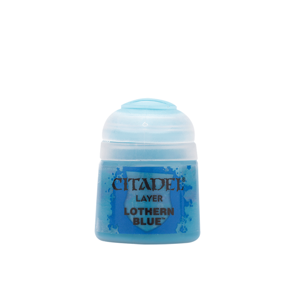 A small Citadel paint pot with a pale blue-white cap and bright blue label, shown upright against a plain dark green background. The label reads “CITADEL,” “LAYER,” and “LOTHERN BLUE.”