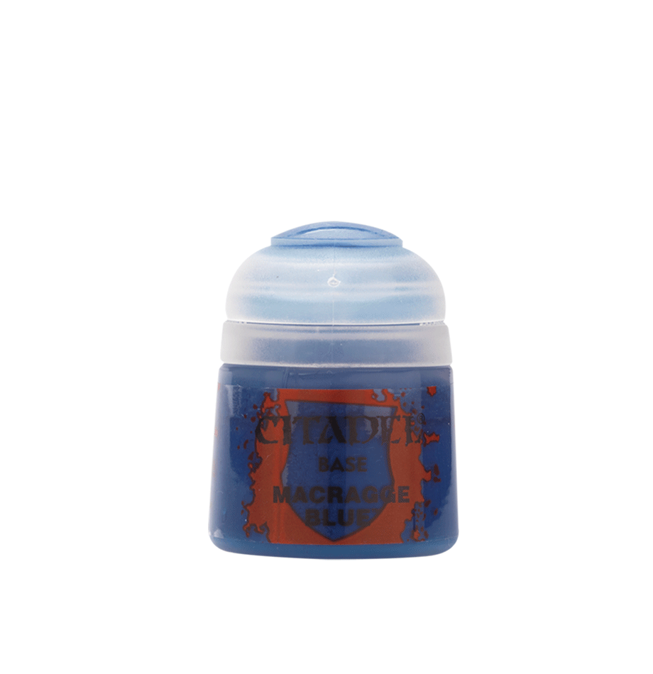 Small blue paint pot with a rounded white flip-top cap and an orange-and-blue label. The label reads “CITADEL,” “BASE,” and “MACRAGGE BLUE.”