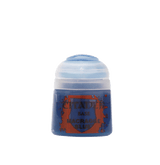 Small blue paint pot with a rounded white flip-top cap and an orange-and-blue label. The label reads “CITADEL,” “BASE,” and “MACRAGGE BLUE.”