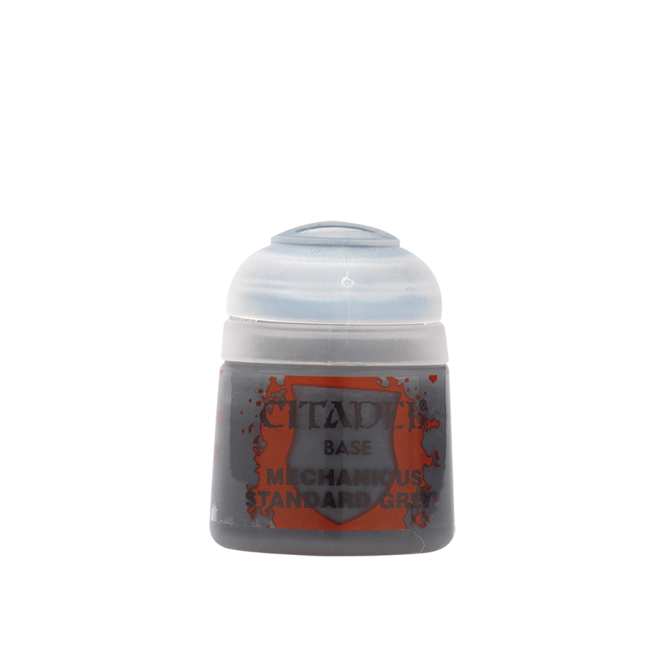 A squat gray paint pot with a translucent white flip-top cap, shown upright against a plain background. Its front label reads “CITADEL,” “BASE,” and “MECHANICUS STANDARD GREY.”