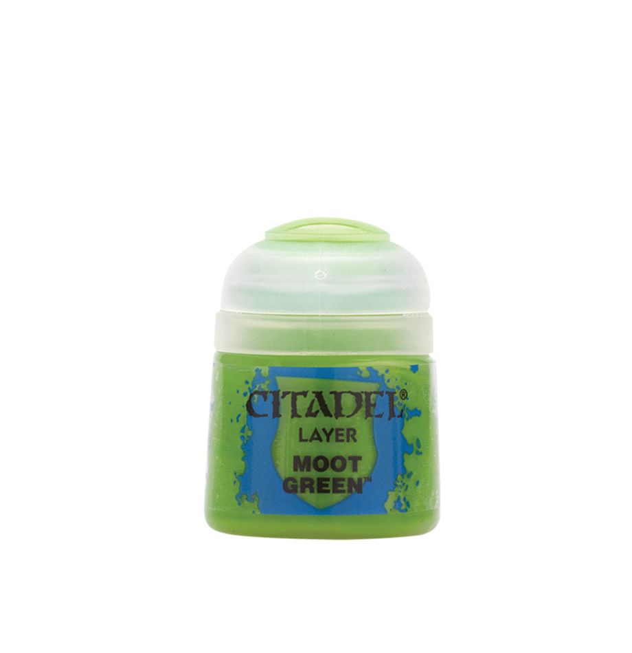 A small bright green Citadel paint pot with a rounded white flip-top cap, shown upright against a dark green background. Its blue-and-green splatter label reads “CITADEL,” “LAYER,” and “MOOT GREEN.”