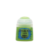 A small bright green Citadel paint pot with a rounded white flip-top cap, shown upright against a dark green background. Its blue-and-green splatter label reads “CITADEL,” “LAYER,” and “MOOT GREEN.”