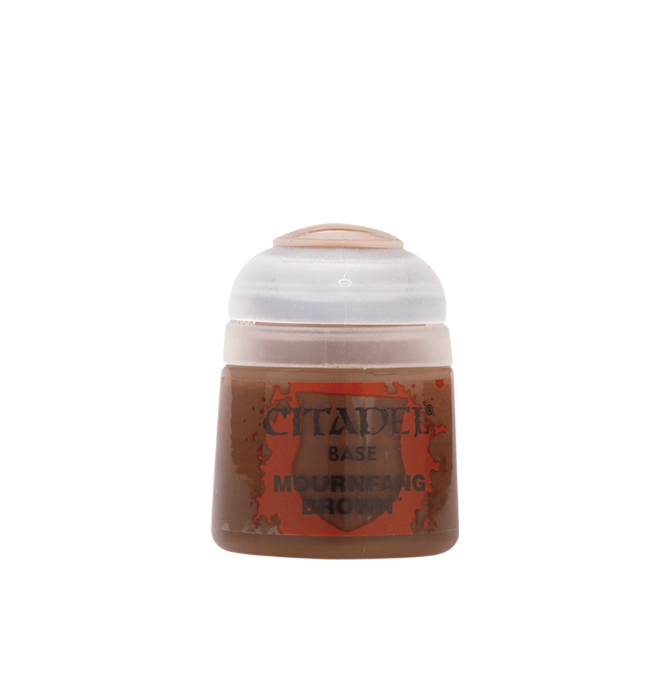 A squat brown paint pot with a wide white flip-top cap, shown upright against a muted green background. The front label has a red-brown shield design and the text “CITADEL,” “BASE,” and “MOURNFANG BROWN.”