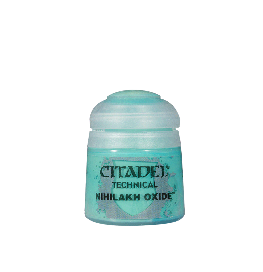 A small turquoise Citadel paint pot with a rounded translucent pale aqua cap and a turquoise label. The label reads “CITADEL,” “TECHNICAL” and “NIHILAKH OXIDE.”