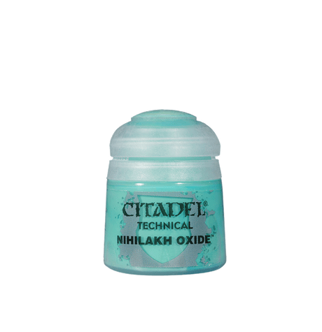 A small turquoise Citadel paint pot with a rounded translucent pale aqua cap and a turquoise label. The label reads “CITADEL,” “TECHNICAL” and “NIHILAKH OXIDE.”
