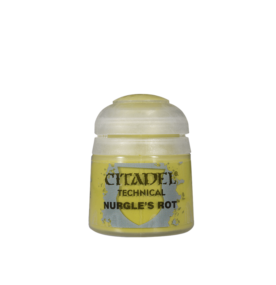 A small squat paint pot with a translucent white screw cap and yellow-green label, shown upright against a plain green background. The label reads “CITADEL,” “TECHNICAL,” and “NURGLE’S ROT.”