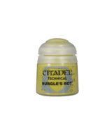 A small squat paint pot with a translucent white screw cap and yellow-green label, shown upright against a plain green background. The label reads “CITADEL,” “TECHNICAL,” and “NURGLE’S ROT.”
