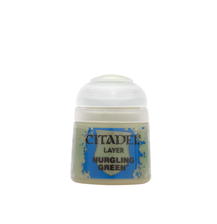 Small Citadel paint pot with a white flip-top cap and a pale green label featuring a distressed blue graphic. The front reads “CITADEL,” “LAYER,” and “NURGLING GREEN.”