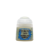 Small Citadel paint pot with a white flip-top cap and a pale green label featuring a distressed blue graphic. The front reads “CITADEL,” “LAYER,” and “NURGLING GREEN.”