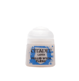 A small pale off-white paint pot with a rounded white lid, shown upright against a plain background. Its blue label reads “CITADEL,” “LAYER,” and “PALLID WYCH FLESH.”