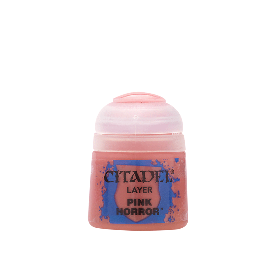 A small paint pot with a pale pink cap and a coral-pink label featuring a blue splash graphic. The label reads “CITADEL,” “LAYER,” and “PINK HORROR.”