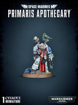 A white-armored Space Marines Primaris Apothecary miniature with red robes, blue markings, medical tools and a round scenic base is centered on a dark background. The poster reads “PRIMARIS APOTHECARY” and “WARHAMMER 40,000.”
