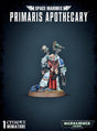 A white-armored Space Marines Primaris Apothecary miniature with red robes, blue markings, medical tools and a round scenic base is centered on a dark background. The poster reads “PRIMARIS APOTHECARY” and “WARHAMMER 40,000.”