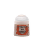 A small pale beige Citadel paint pot with a white flip-top lid, shown upright from the front. Its orange splatter label reads “CITADEL,” “BASE,” and “RAKARTH FLESH.”