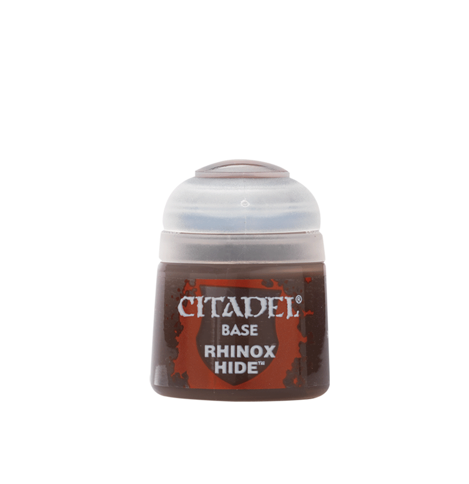A squat Citadel paint pot with a pale gray cap and a dark brown label accented in red. The label reads “CITADEL,” “BASE,” and “RHINOX HIDE.”