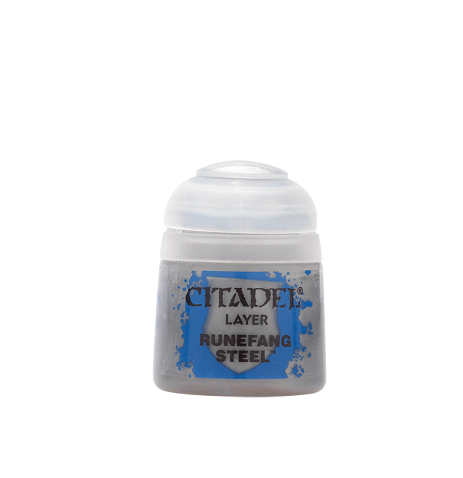 A small paint pot with a rounded white cap and a blue-and-silver label reading “CITADEL,” “LAYER,” and “RUNEFANG STEEL.”