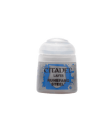 A small paint pot with a rounded white cap and a blue-and-silver label reading “CITADEL,” “LAYER,” and “RUNEFANG STEEL.”