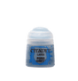 A small blue-gray Citadel paint pot with a rounded white flip-top cap, shown upright against a plain background. Its label reads “CITADEL,” “LAYER,” and “RUSS GREY.”