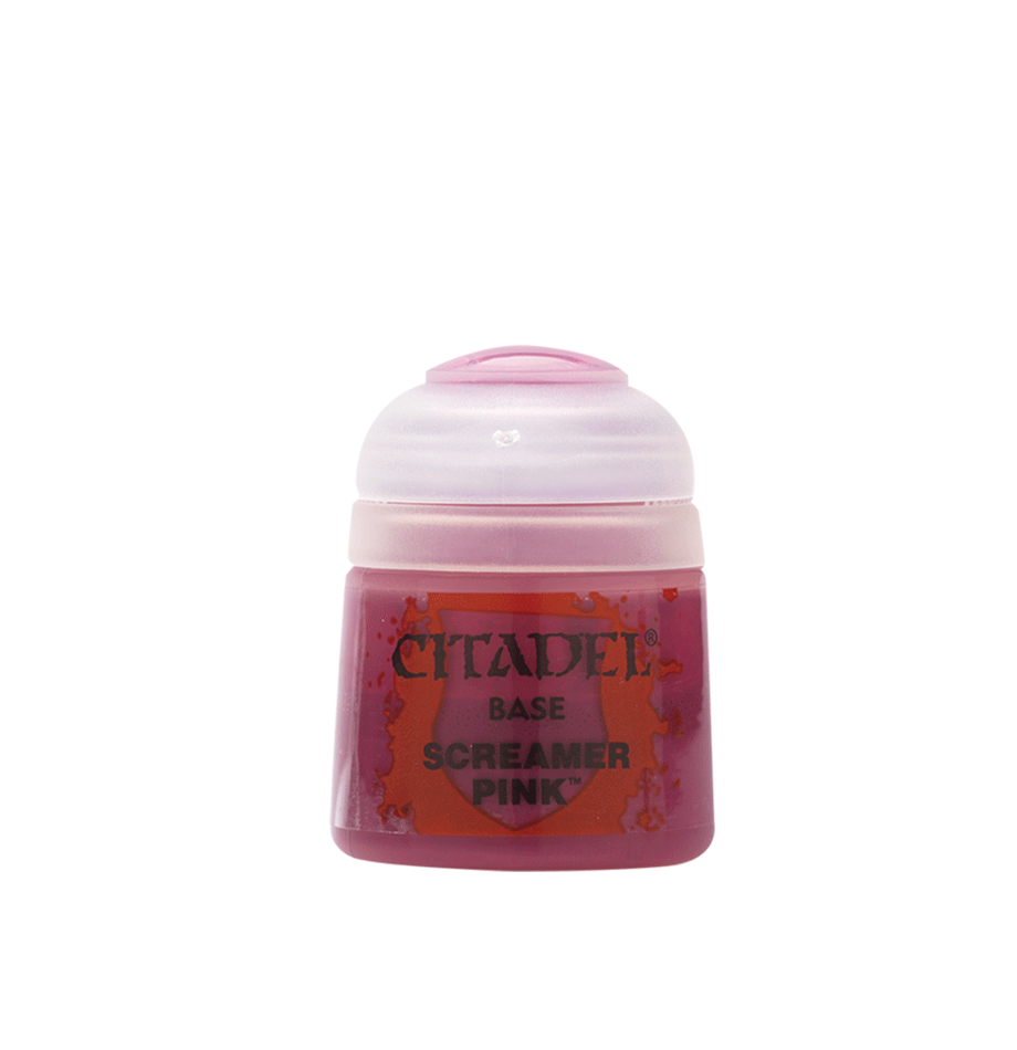 A small paint pot with a translucent pink-purple body and pale pink flip-top lid. Its front label reads “CITADEL,” “BASE,” and “SCREAMER PINK.”