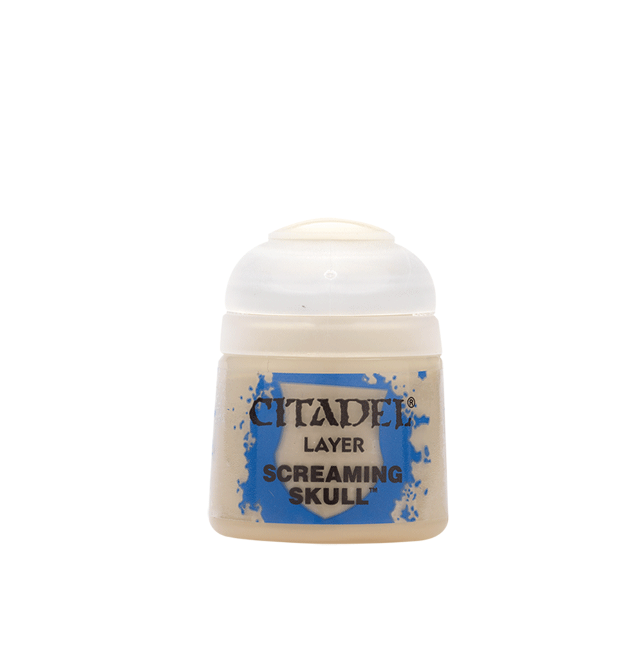 A small Citadel paint pot with a rounded white cap and a beige label framed by blue splatter graphics. The label reads “CITADEL,” “LAYER,” and “SCREAMING SKULL.”