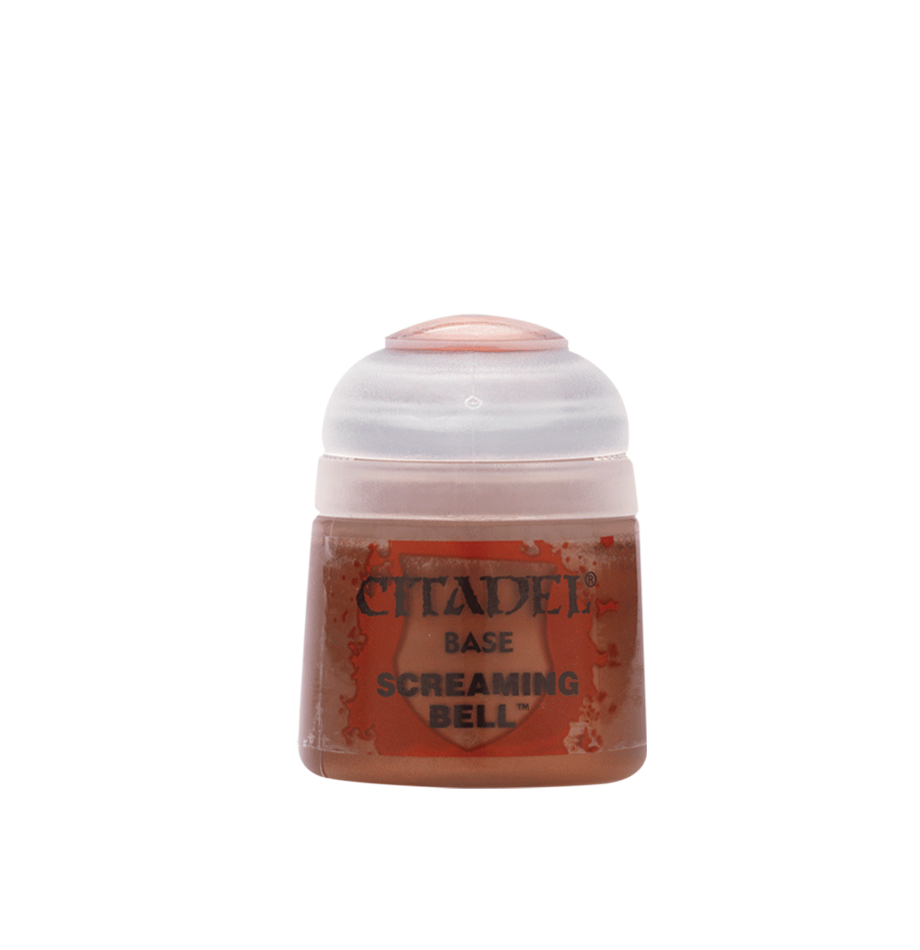 Small squat pot of reddish-brown miniature paint with a pale gray-white flip-top lid and orange-red label. The front reads “CITADEL,” “BASE” and “SCREAMING BELL.”