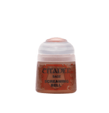 Small squat pot of reddish-brown miniature paint with a pale gray-white flip-top lid and orange-red label. The front reads “CITADEL,” “BASE” and “SCREAMING BELL.”