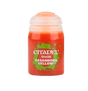 Front view of a small orange-red Citadel paint pot with a white stepped cap and a green splatter graphic on its label. The label reads “CITADEL,” “SHADE,” and “CASANDORA YELLOW.”