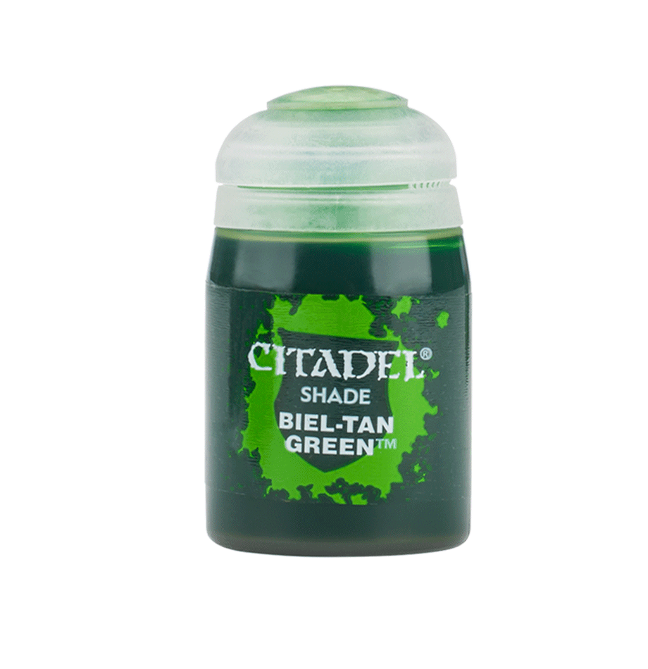 A small dark green paint pot with a wide white screw cap and a bright green splatter graphic on its label. The label reads “CITADEL” and “SHADE BIEL-TAN GREEN.”