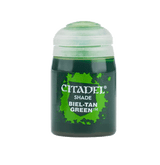 A small dark green paint pot with a wide white screw cap and a bright green splatter graphic on its label. The label reads “CITADEL” and “SHADE BIEL-TAN GREEN.”