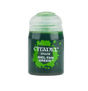 A small dark green paint pot with a wide white screw cap and a bright green splatter graphic on its label. The label reads “CITADEL” and “SHADE BIEL-TAN GREEN.”