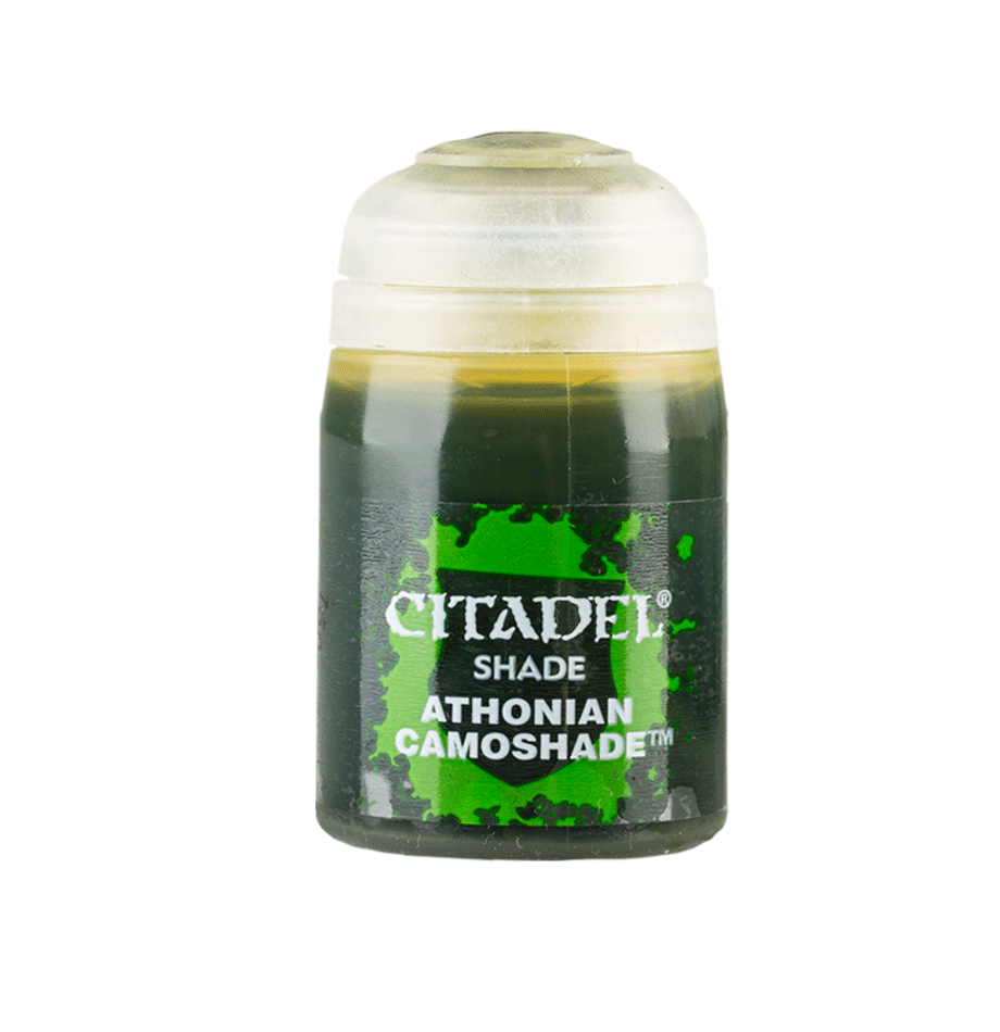 A small paint pot with a rounded white lid and dark translucent body, shown upright against a plain green background. Its green-and-black label reads “CITADEL,” “SHADE,” and “ATHONIAN CAMOSHADE.”