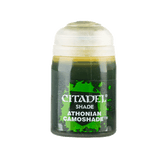 A small paint pot with a rounded white lid and dark translucent body, shown upright against a plain green background. Its green-and-black label reads “CITADEL,” “SHADE,” and “ATHONIAN CAMOSHADE.”