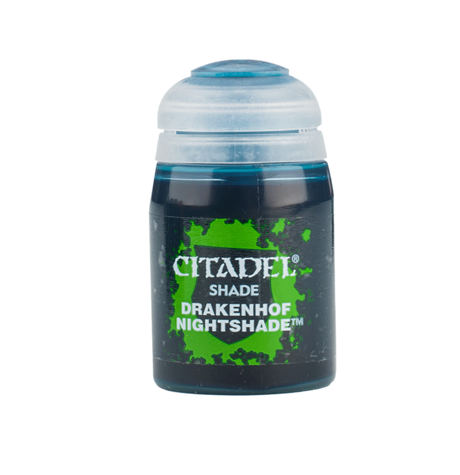 A small dark blue paint pot with a rounded white cap, shown upright against a plain background. Its green splatter label reads “CITADEL,” “SHADE,” and “DRAKENHOF NIGHTSHADE.”