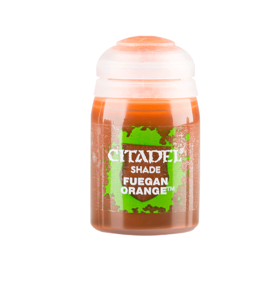 A small squat pot of orange shade paint stands upright against a dark green background, with a translucent orange body, white flip-top cap, and green-and-brown label reading “CITADEL,” “SHADE,” and “FUEGAN ORANGE.”