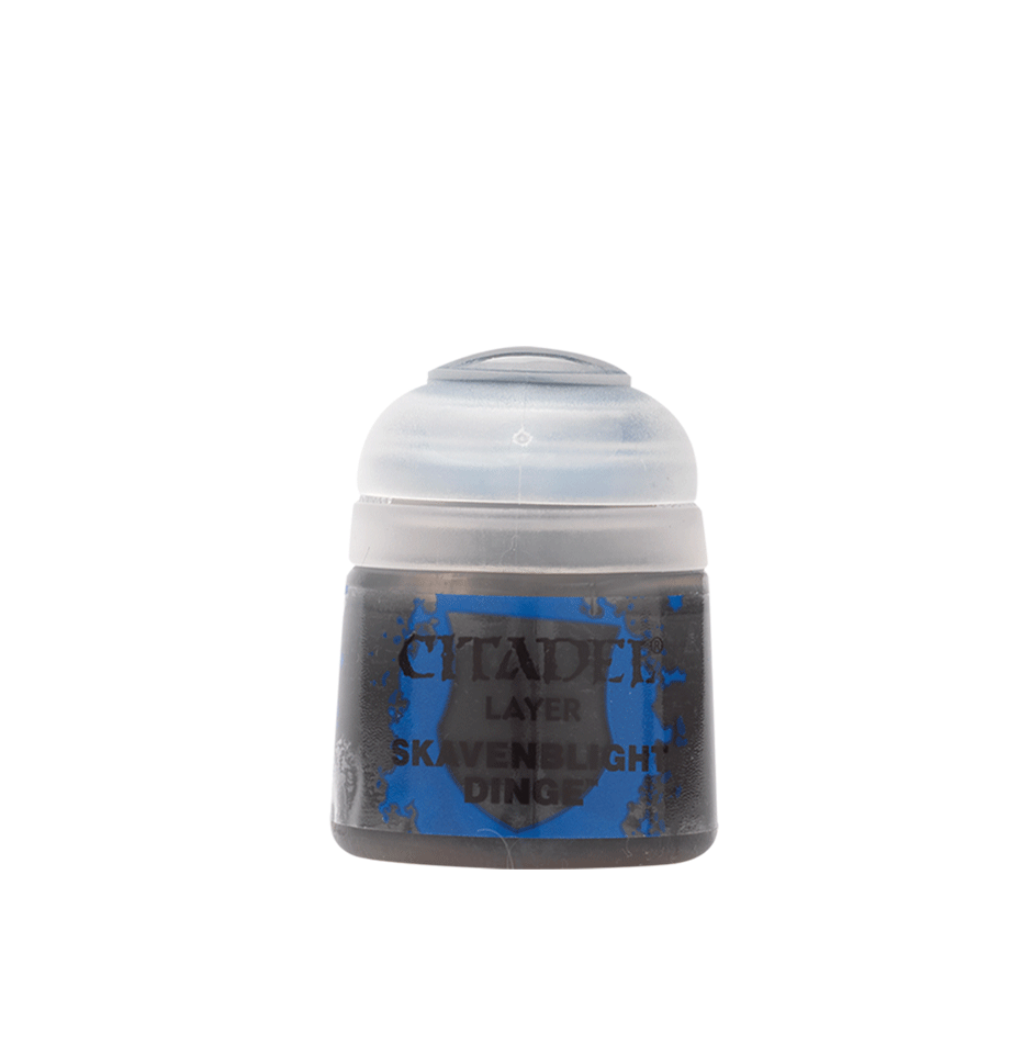 A small paint pot with a white flip-top lid and a dark gray label featuring a bright blue paint-splatter design. The label reads “CITADEL,” “LAYER,” and “SKAVENBLIGHT DINGE.”