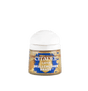 A small paint pot with a broad white cap and a gold-and-blue label, shown upright against a plain green background. The label reads “CITADEL,” “LAYER,” and “SKULLCRUSHER BRASS.”
