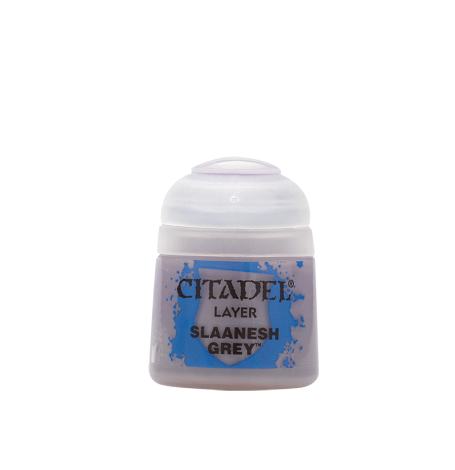 A small squat pot of pale grey miniature paint with a white flip-top lid and a blue splatter-style label. The label reads “CITADEL,” “LAYER,” and “SLAANESH GREY.”