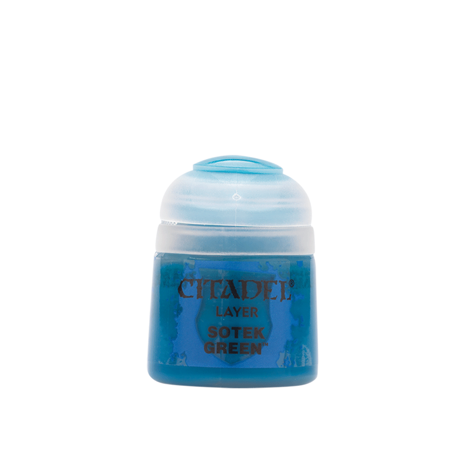 Small Citadel paint pot shown upright from the front, with a white domed cap and vivid blue-green label. The label reads “CITADEL,” “LAYER,” and “SOTEK GREEN.”