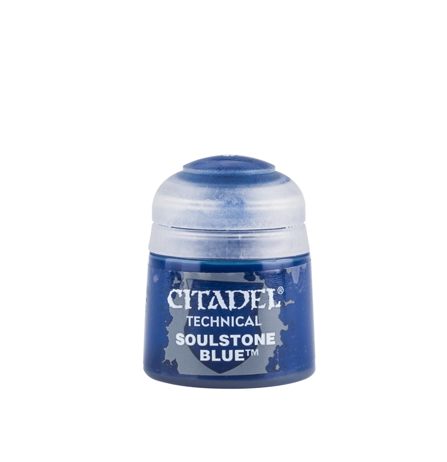 A small blue Citadel paint pot with a translucent white flip-top lid, shown upright against a plain background. The front label reads “CITADEL,” “TECHNICAL,” and “SOULSTONE BLUE.”