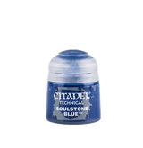 A small blue Citadel paint pot with a translucent white flip-top lid, shown upright against a plain background. The front label reads “CITADEL,” “TECHNICAL,” and “SOULSTONE BLUE.”