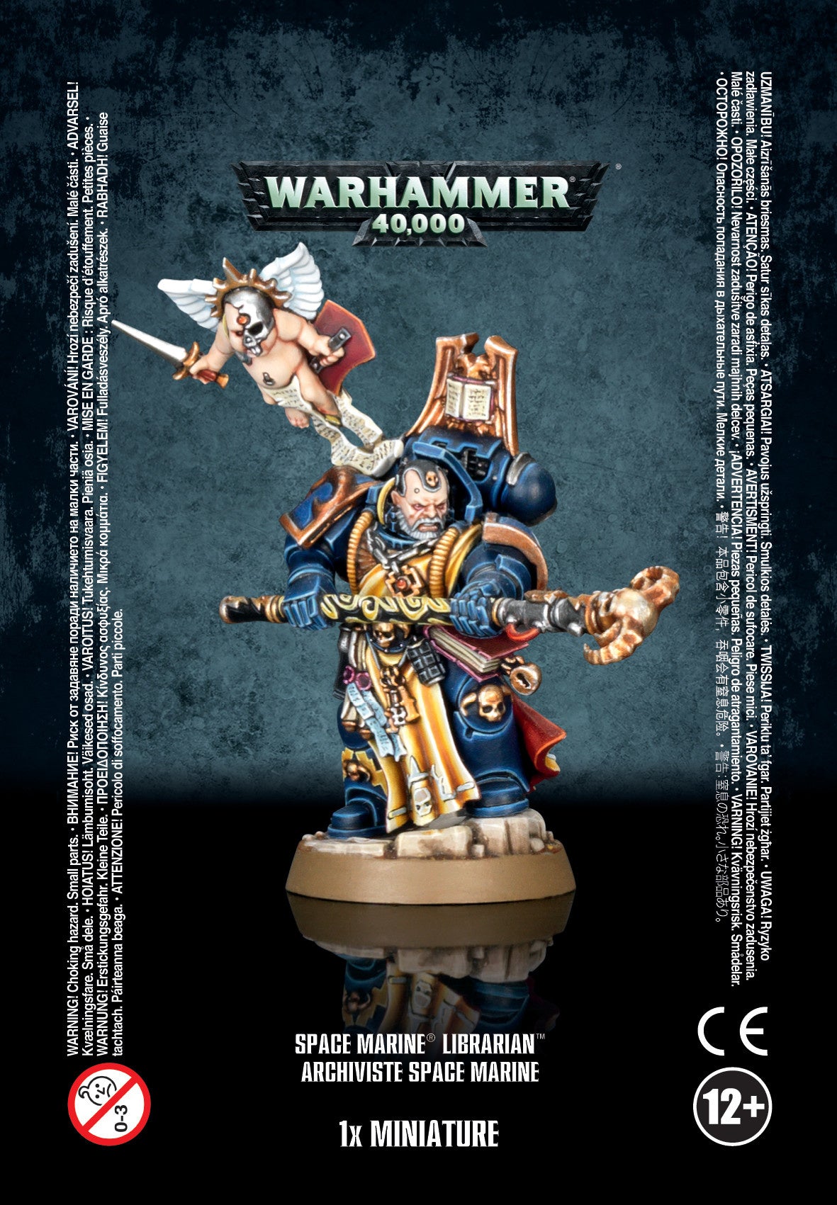 Front of a Warhammer 40,000 miniature package showing a blue-armored Space Marine Librarian holding an ornate staff, with a small winged cherub above him. The packaging reads “WARHAMMER 40,000,” “SPACE MARINE LIBRARIAN” and “1x MINIATURE.”