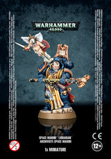 Front of a Warhammer 40,000 miniature package showing a blue-armored Space Marine Librarian holding an ornate staff, with a small winged cherub above him. The packaging reads “WARHAMMER 40,000,” “SPACE MARINE LIBRARIAN” and “1x MINIATURE.”