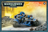 Box artwork for a Space Marines Attack Bike shows two blue-armored soldiers riding a three-wheeled combat vehicle with a mounted gun through a smoky battlefield. The package reads “WARHAMMER 40,000” and “SPACE MARINE ATTACK BIKE.”