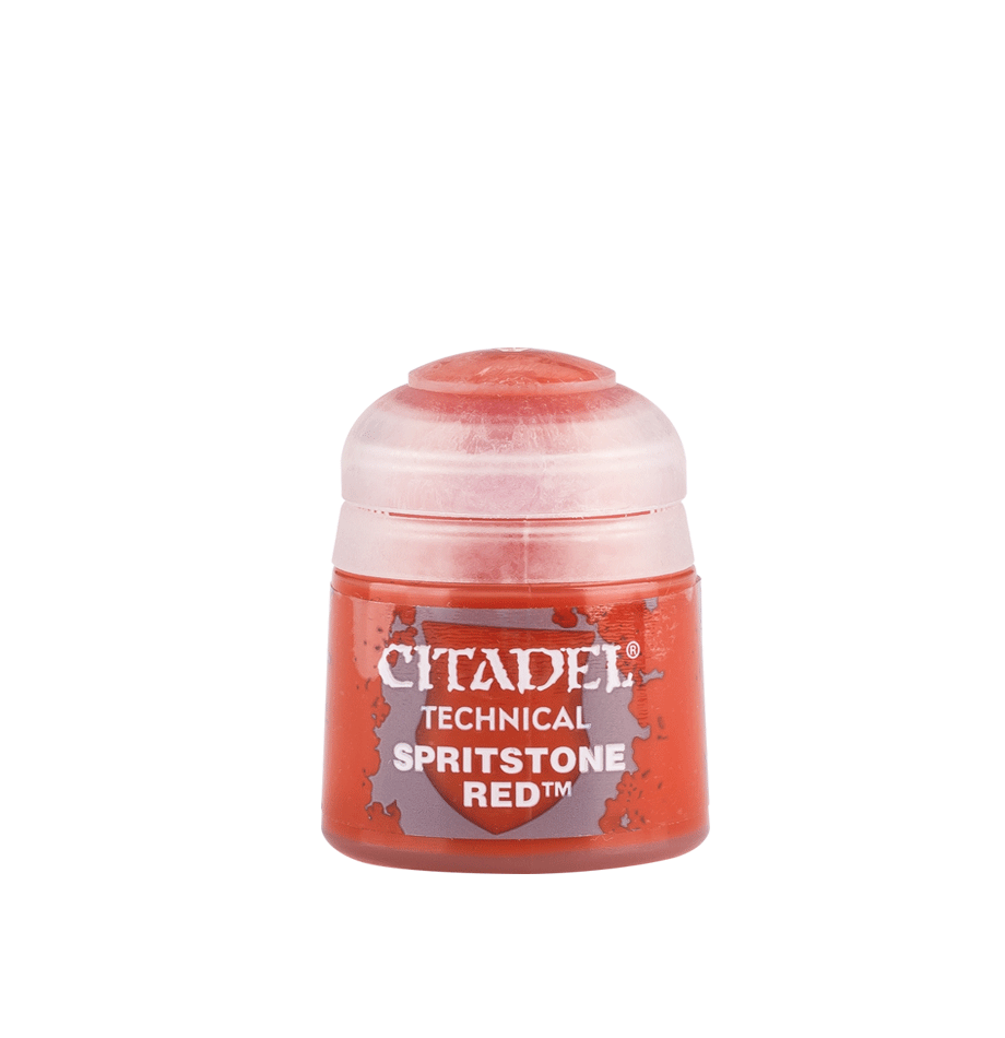 A small red Citadel technical paint pot stands upright with a pale translucent pink cap. Its front label reads “CITADEL,” “TECHNICAL,” and “SPRITSTONE RED.”