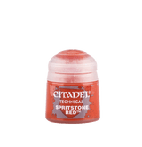 A small red Citadel technical paint pot stands upright with a pale translucent pink cap. Its front label reads “CITADEL,” “TECHNICAL,” and “SPRITSTONE RED.”