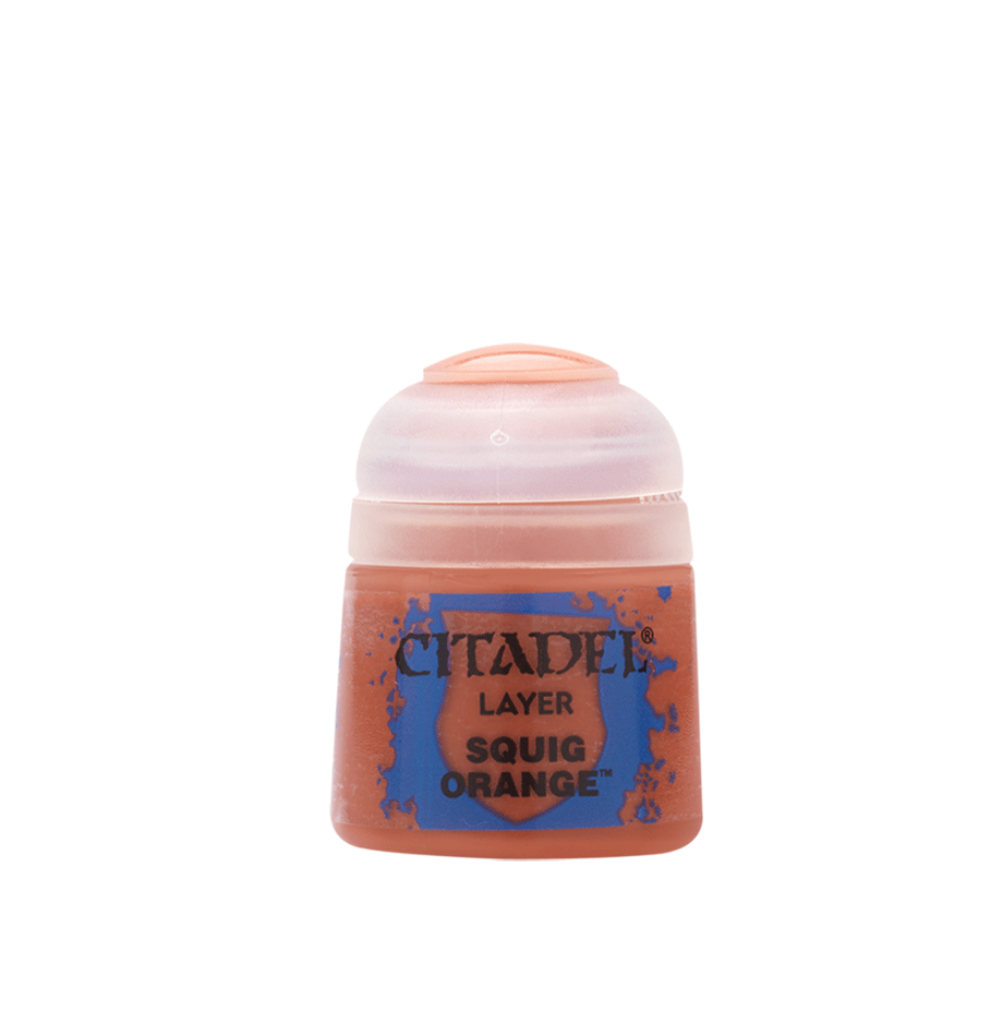 A single squat orange paint pot with a pale translucent flip-top lid, shown upright against a plain background. Its blue front label reads “CITADEL,” “LAYER,” and “SQUIG ORANGE.”