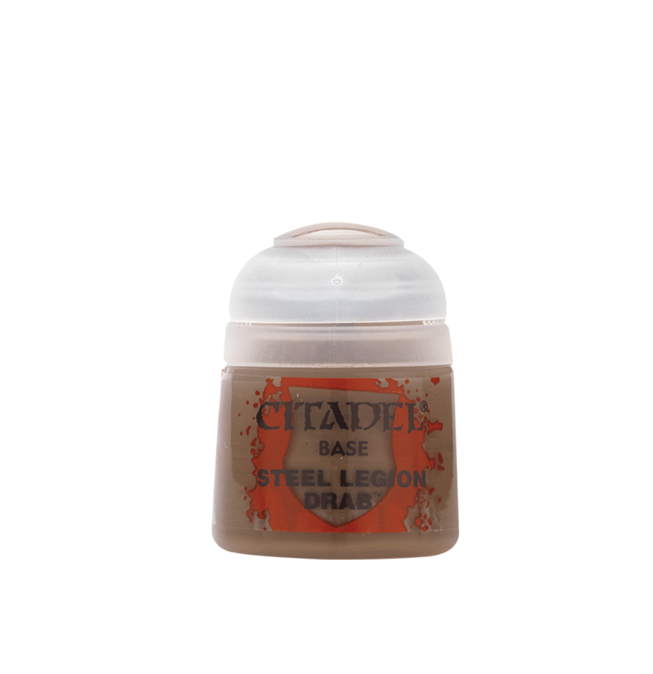 A small Citadel paint pot stands upright, with a white rounded flip-top lid and a brown-toned body. Its orange-red splatter label reads “CITADEL,” “BASE” and “STEEL LEGION DRAB.”