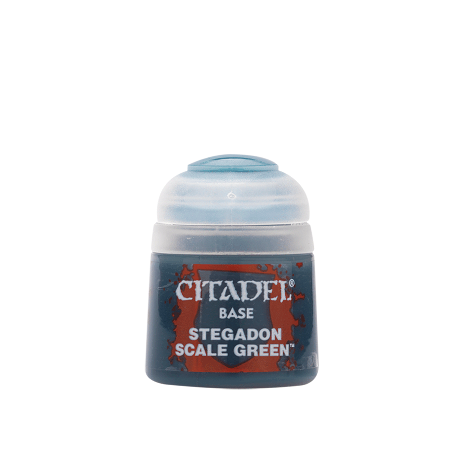 Small Citadel paint pot shown upright, with a pale blue-gray flip-top cap and a dark blue label patterned with red-orange splashes. The label reads “CITADEL,” “BASE,” and “STEGADON SCALE GREEN.”