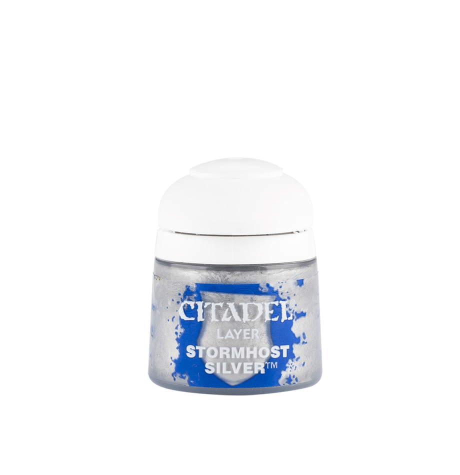 A small paint pot with a white lid and a blue-and-silver label. The label reads “CITADEL,” “LAYER,” and “STORMHOST SILVER.”