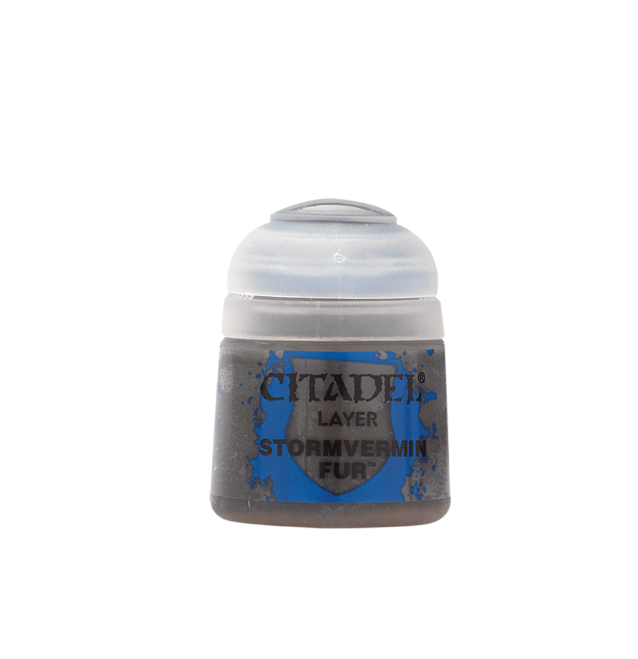 Small Citadel paint pot shown upright against a plain background, with a pale gray flip-top lid and a gray-brown body. Its blue-and-gray label reads “CITADEL,” “LAYER,” and “STORMVERMIN FUR.”